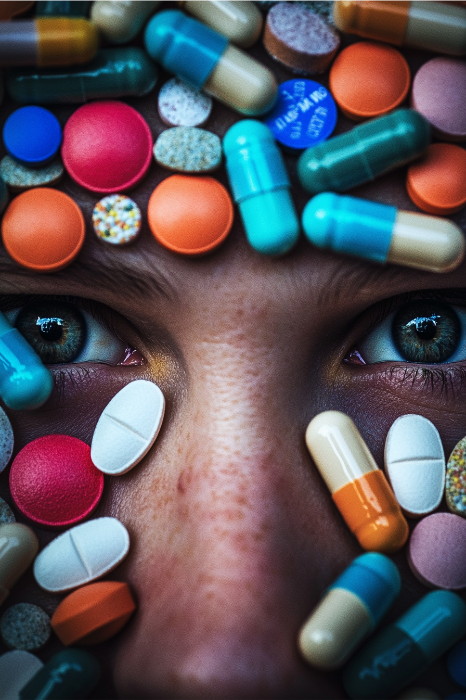 Um close-up dos olhos de uma pessoa, cercado por uma série de pílulas e cápsulas coloridas, evoca perguntas semelhantes a "O que a Bíblia diz sobre a dependência de drogas e o casamento?", enquanto investiga as complexidades da vida moderna.