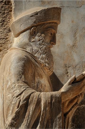 An ancient stone statue of a bearded figure in a robe, clutching an open book with a solemn expression, seems to ponder the mystery of how many men wrote the Bible.
