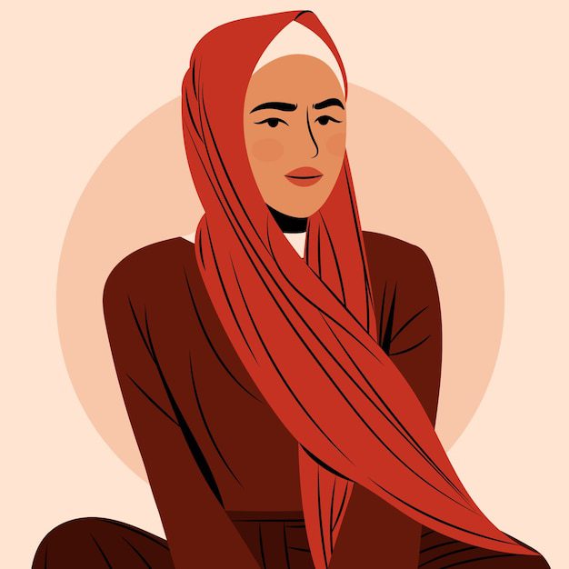 Uma ilustração instigante mostra uma pessoa com um hijab vermelho e uma roupa marrom em um fundo marrom claro, evocando perguntas tão misteriosas quanto "De onde veio a esposa de Caim na Bíblia?