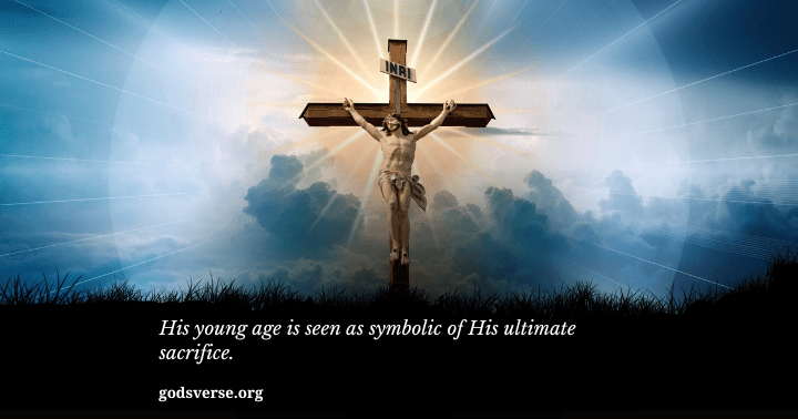 A figure on a cross in front of a glowing sky, with rays of light above grass, speaks to the ultimate sacrifice. The scene prompts reflection on how Jesus, at around 33 years old, embodied profound love and redemption.