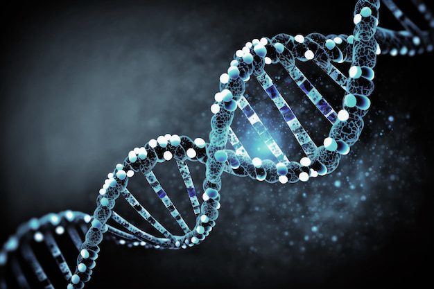 Ilustração em 3D de uma fita de dupla hélice de DNA em um fundo escuro e desfocado, convidando a uma contemplação tão profunda quanto a reflexão: "De onde veio a esposa de Caim na Bíblia?