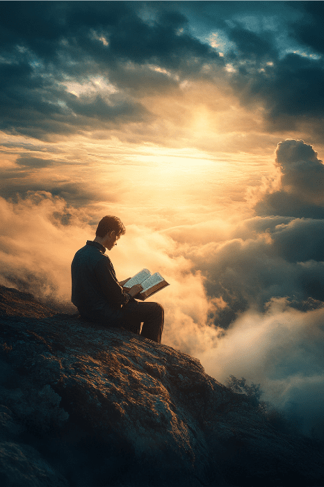 Uma pessoa se senta em uma rocha acima das nuvens, ponderando sobre o destino enquanto lê "What Does the Bible Say About Destiny?" (O que a Bíblia diz sobre o destino?) enquanto o sol se põe, lançando uma luz dourada no céu.