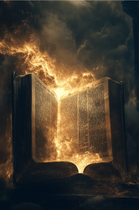 Um livro antigo, semelhante aos explorados quando se pondera sobre "O que a Bíblia diz sobre o destino", brilha com uma luz mística, cercado por nuvens e fumaça.