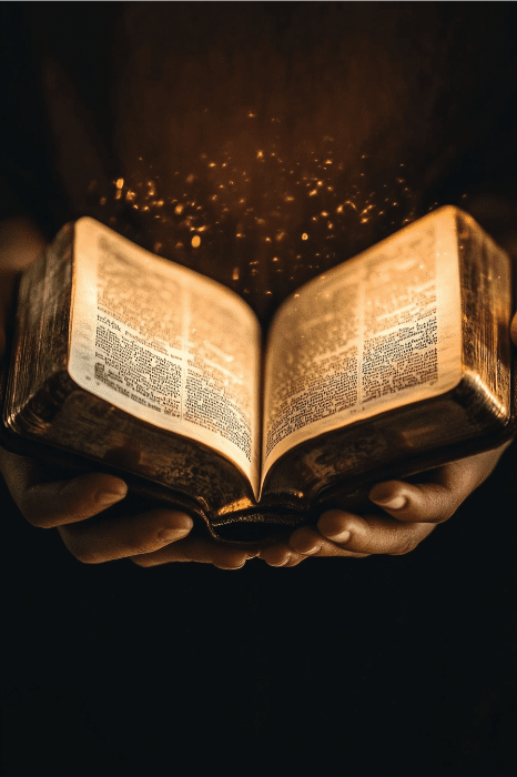 Uma pessoa segura um livro aberto com páginas brilhantes, lançando uma luz suave contra o fundo escuro, lembrando as profundas percepções encontradas em "What Does the Bible Say About Destiny" (O que a Bíblia diz sobre o destino).