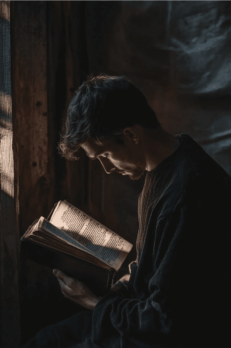 A man in dark clothing reads an old book by a window, contemplating what the Bible says about reading the Bible, as he is illuminated by soft natural light.