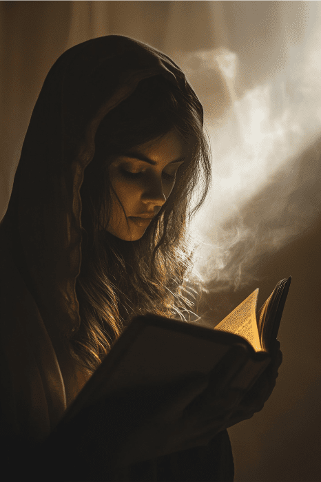 A woman in a hooded cloak sits in a darkened room, absorbed in reading her cherished book. The warm, soft light from the window illuminates her face as she ponders the question: What does the Bible say about reading the Bible?.