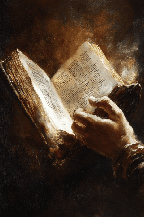 A hand holds an open, ancient book with yellowed pages against a dark, smoky background, inviting reflections on what the Bible says about reading its sacred words.