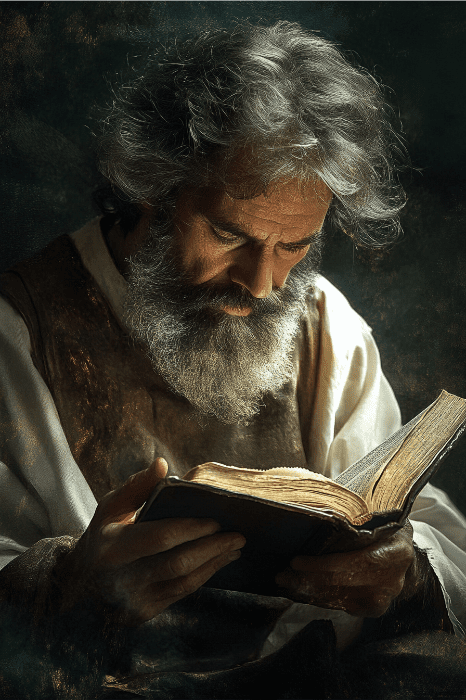 In a dimly lit setting, an elderly man with a white beard, donning traditional attire, immerses himself in reading. The scene evokes the reflective nature of contemplating scriptures, perhaps pondering what the Bible says about reading the Bible.