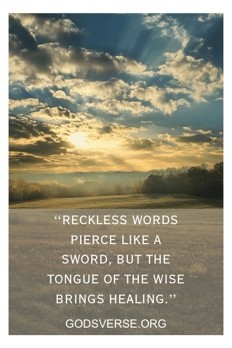 A sunbeam breaks through clouds over a serene field, with a quote about words from Bible Verses for Tough Times in a Relationship displayed below.