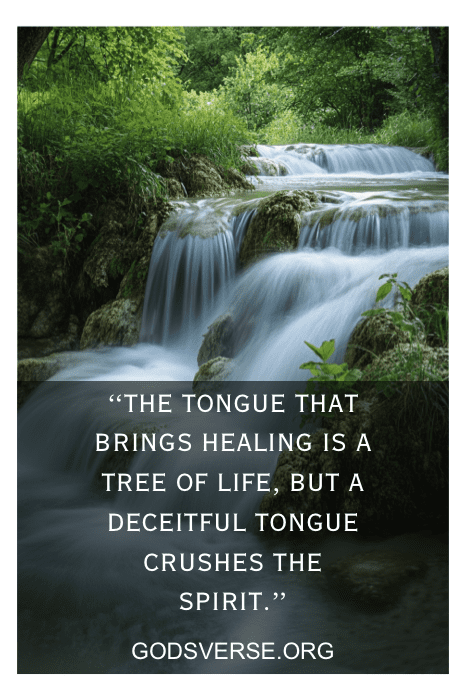 A serene waterfall in a lush forest with an inspirational Bible verse about the power of words overlaid on the image.
