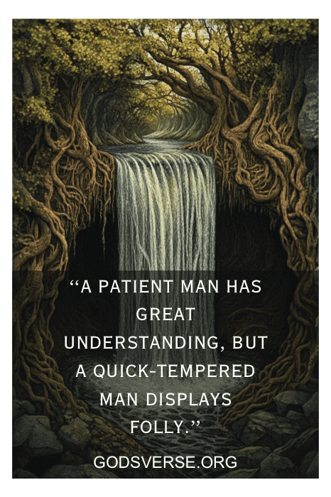 As a waterfall flows through intertwined tree roots, the scene reflects the wisdom found in Bible verses for tough times in a relationship. "A patient man has great understanding..." resonates with nature's serene beauty, reminding us of resilience and grace amidst challenges.