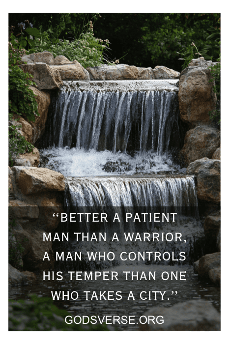 A small waterfall flows over rocks, accompanied by a quote on patience and temper from Godsverse.org, offering solace like Bible Verses for Tough Times in a Relationship.