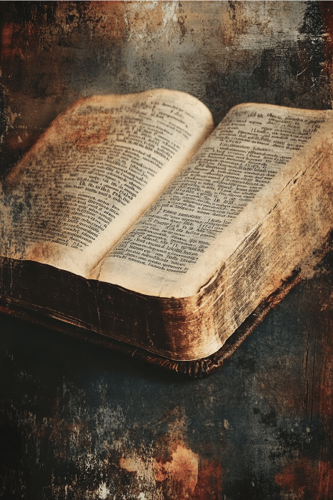 Um livro antigo aberto, que lembra a sabedoria antiga, com páginas envelhecidas e amareladas e uma capa texturizada e desgastada que convida a mente curiosa a explorar o que a Bíblia diz sobre ordem em seus ensinamentos atemporais.