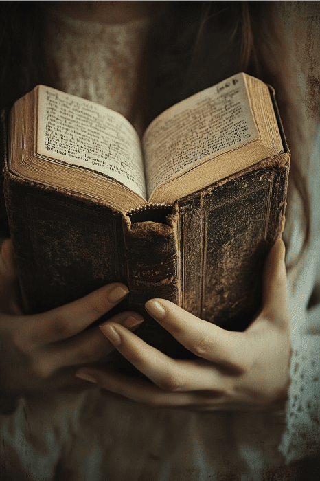 Close-up de mãos segurando um livro aberto e gasto, com páginas amareladas e capa de couro velha, convidando a refletir sobre o que a Bíblia diz sobre ordem.