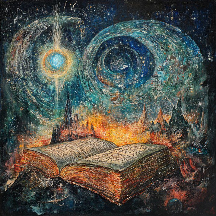 Um livro aberto repousa em uma paisagem cósmica, galáxias rodopiantes e formas de luz abstratas dançando sobre colinas místicas, lembrando o enigmático Espírito de Jezabel na Bíblia.