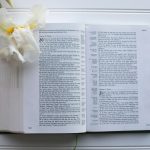 An open book with text reminiscent of the Sons of Thunder in the Bible graces a white surface. A delicate white flower rests on the left page, adding a touch of serenity to the scene.