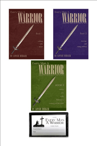 Three book covers titled "Every Man a Warrior" with a sword design, plus a boxed study pack, highlight one of the best Bible studies for men, offering impactful insights and guidance.