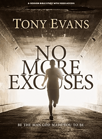 Silhouette of a man running toward bright light with the text "No More Excuses" above, symbolizing determination and strength—qualities often explored in the best Bible studies for men.