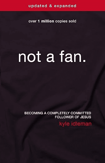 The book cover titled "not a fan." by Kyle Idleman highlights its status as one of the best Bible studies for men, with over 1 million copies sold.
