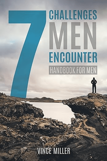 Book cover: "7 Challenges Men Encounter" over a rocky landscape with a lone figure standing, reminiscent of the journey through the best Bible studies for men.