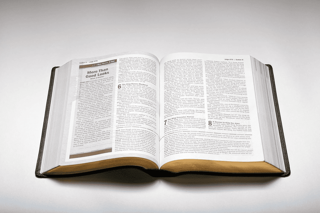 Open book on a white surface, featuring an article titled "More Than Good Looks" on the left page—an insightful read for those exploring the best Bible studies for men.
