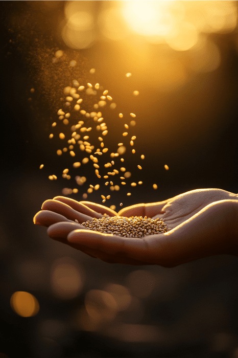 Mãos pegando sementes que caem com um pôr do sol dourado ao fundo, evocando o significado da Parábola da Semente de Mostarda - um símbolo de pequenos começos que se transformam em grande potencial.