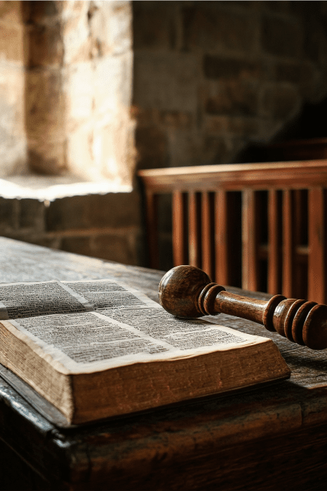 Um livro aberto e um martelo repousam sobre uma mesa de madeira em uma sala pouco iluminada com bancos de madeira e paredes de pedra, ecoando a solenidade dos convênios do Antigo Testamento.