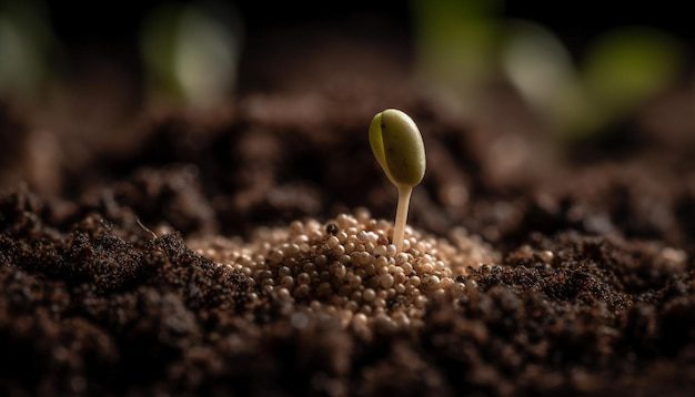 No espírito da Parábola do Grão de Mostarda, uma pequena muda verde emerge do solo, embalada por grânulos de fertilizante, simbolizando o potencial e o crescimento.