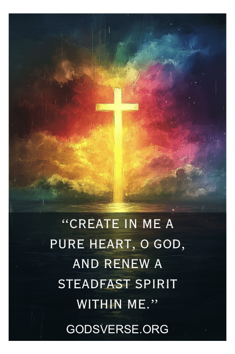Uma cruz brilhante contra um céu colorido com a citação: "Cria em mim um coração puro, ó Deus..." e o site godsverse.org. Descubra as escrituras para superar o adultério que inspiram e guiam sua jornada espiritual.