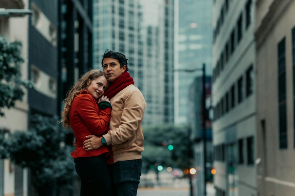 A man embracing his wife