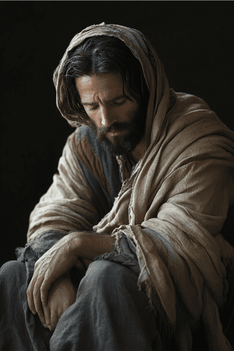 A bearded man in a hooded robe looks down pensively, embodying the introspection seen in 7 examples of obedience in the Bible, seated against a dark background.