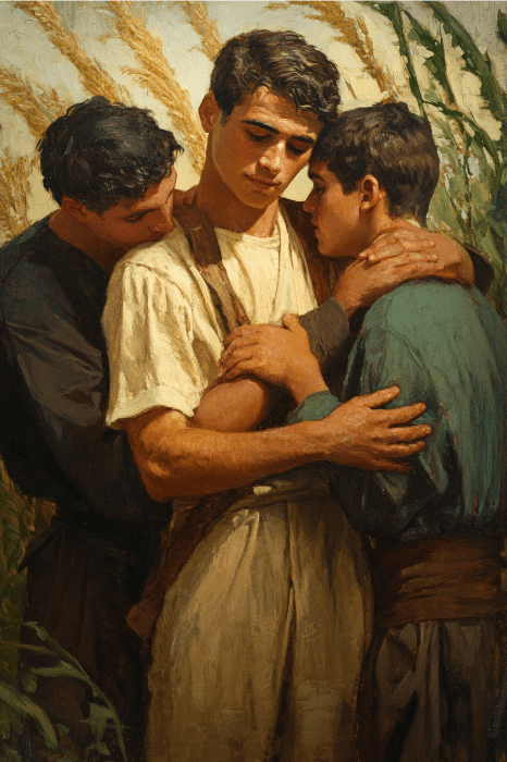 In a scene reminiscent of Bible stories that teach kindness, three individuals embrace closely, surrounded by tall grasses in the field.