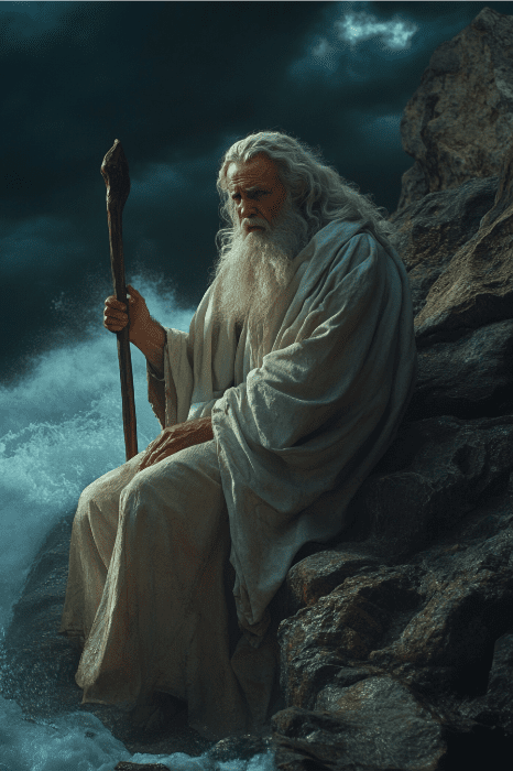 An elderly man with a white beard and robes sits on rocks by the stormy sea, wooden staff in hand, embodying the solemn wisdom found in the 7 examples of obedience in the Bible against a dramatic sky.