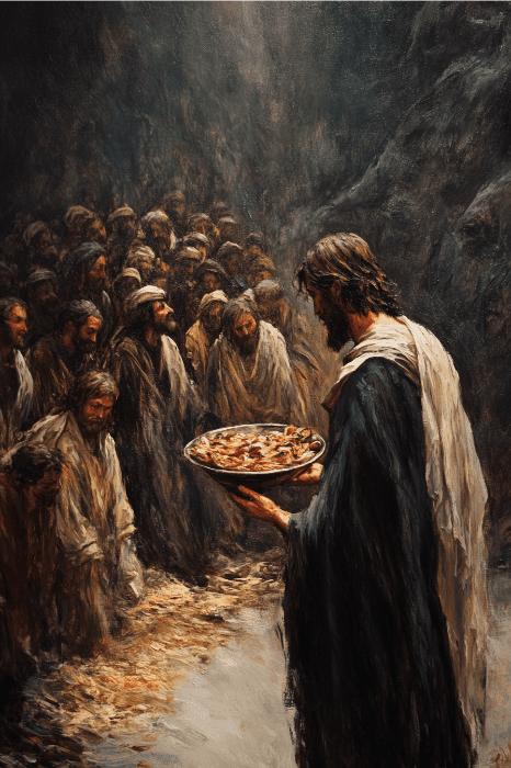 A group of people receives bread from a man in a robe, beautifully capturing a moment from Bible Stories That Teach Kindness.