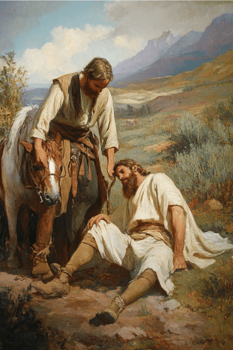 A man, embodying the spirit of Bible stories that teach kindness, cares for an injured traveler on a dirt path with a horse, set against a breathtaking mountainous landscape.