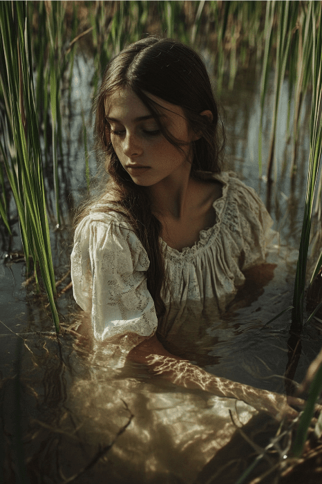 A woman in a white dress sits partially submerged in water, surrounded by tall reeds under soft lighting, reminiscent of Bible stories that teach kindness.