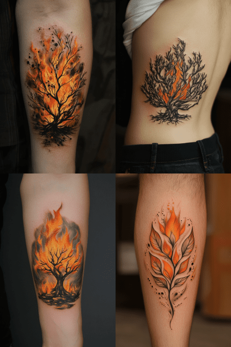 Four tattoos of fiery designs: burning trees and flames, one on a side and three on arms. These striking Bible tattoo ideas for men evoke a sense of spiritual fervor and timeless symbolism.