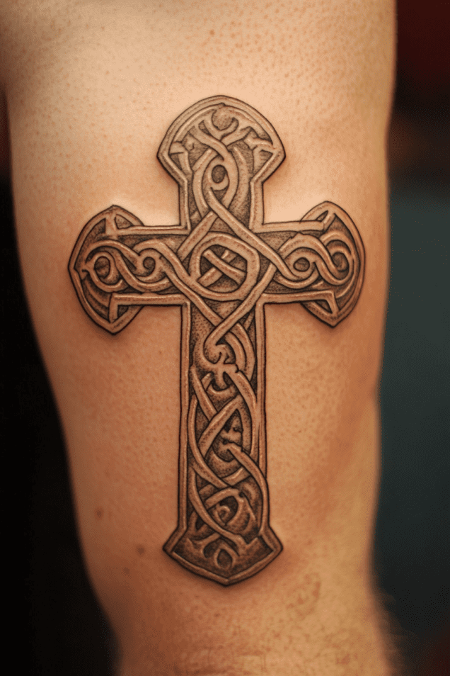 Tatuagem de um intrincado desenho de cruz celta no braço de uma pessoa, inspirada nas idéias de tatuagem da Bíblia para homens.