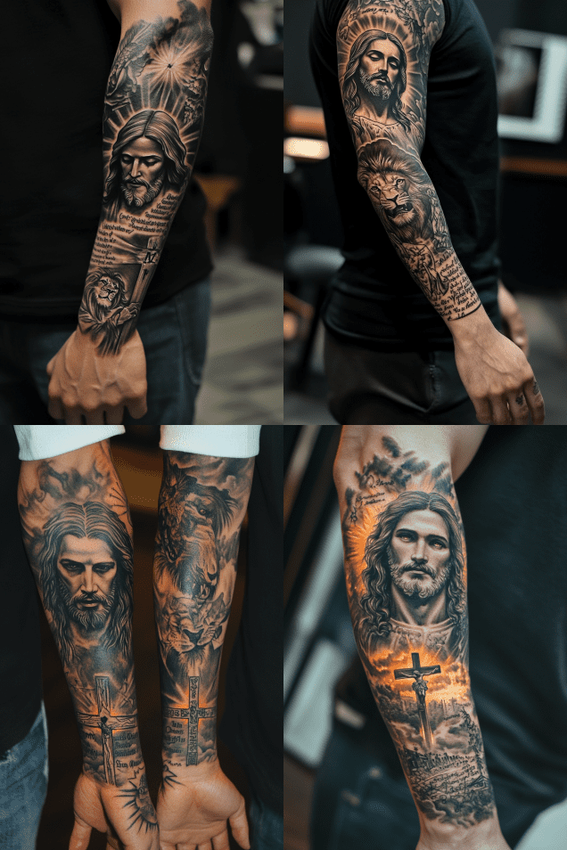 Four forearms adorned with intricate Bible tattoo ideas for men, featuring religious-themed portraits and crosses.