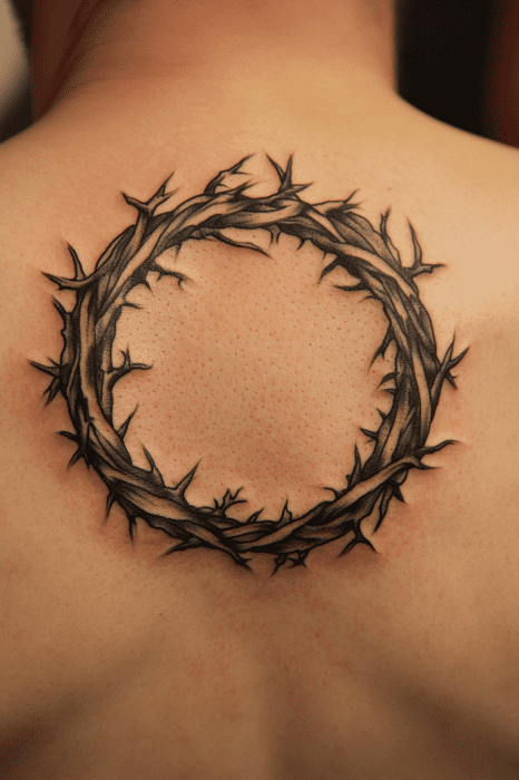 Uma ideia marcante de tatuagem da Bíblia para homens, esse desenho apresenta uma coroa de espinhos circular elegantemente gravada na parte superior das costas da pessoa.