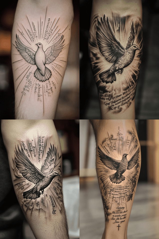 Quatro tatuagens de pombas com texto e raios nos braços e pernas, cada uma em estilos variados de preto e cinza, oferecem ideias inspiradoras de tatuagens da Bíblia para homens que buscam desenhos significativos.