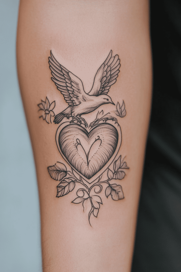 Uma tatuagem exclusiva com um pássaro segurando uma flor acima de um coração, cercado por folhas e linhas complexas em um braço, oferecendo ideias inspiradoras de tatuagens da Bíblia para homens.