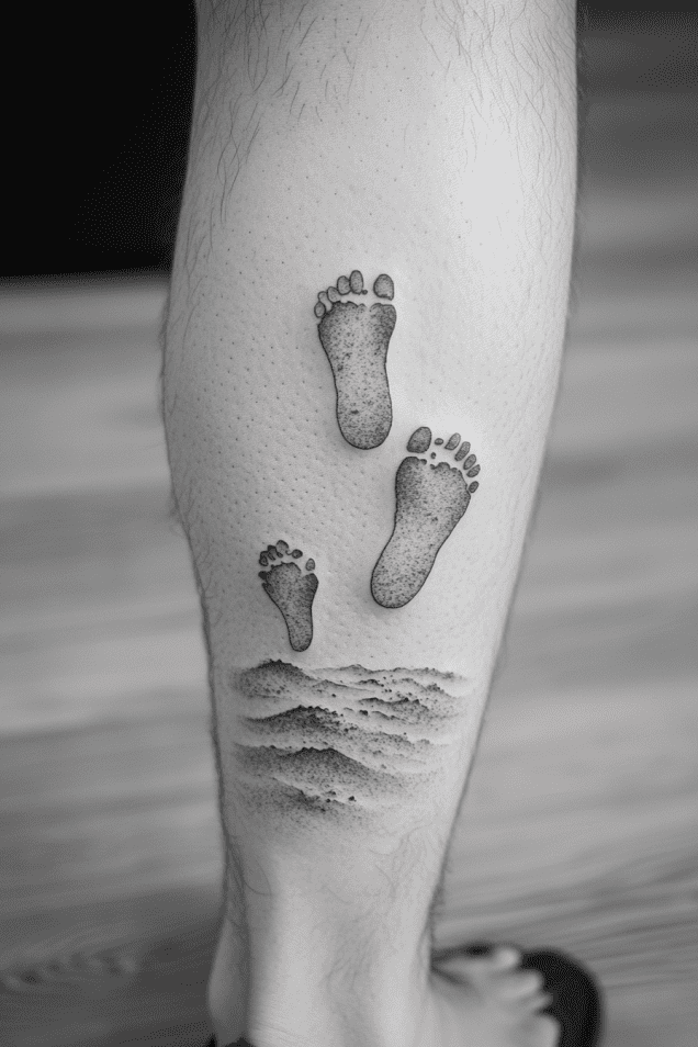 Black and white tattoo of footprints leading towards sand dunes on a person's leg, inspired by popular Bible tattoo ideas for men.