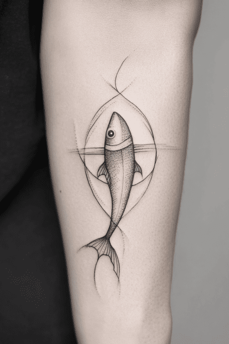 Tatuagem no antebraço de um peixe dentro de uma forma geométrica com detalhes de linhas finas, inspirada nas ideias de tatuagem da Bíblia para homens.