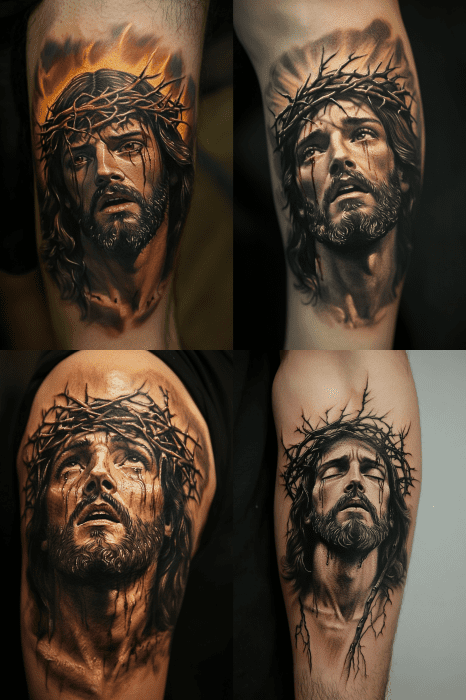 Essas ideias de tatuagens bíblicas para homens apresentam quatro representações realistas de um homem barbudo com uma coroa de espinhos, cada uma expressando vividamente a tristeza em diferentes braços.