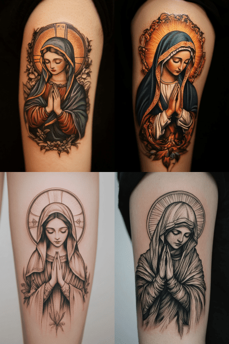 Explore unique Bible tattoo ideas for men with four designs of a praying woman adorned with a halo, each rendered in different artistic styles and backgrounds. These tattoos blend faith and artistry, creating distinct expressions of devotion and personal style.
