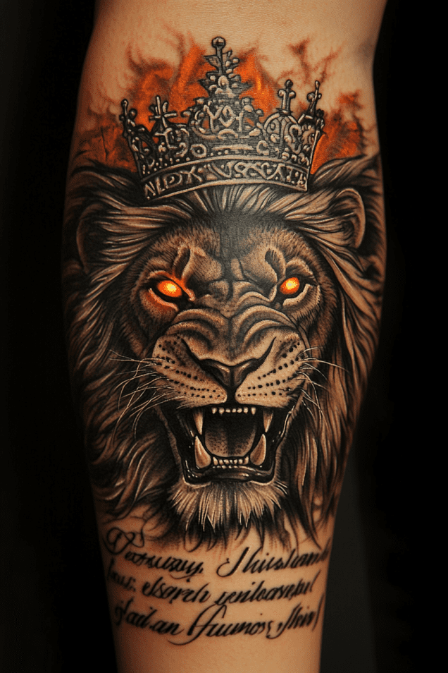 Uma ideia cativante de tatuagem da Bíblia para homens apresenta um leão rugindo com olhos brilhantes, majestosamente coroado, acima de uma elegante escrita cursiva e sobre um fundo de fogo.