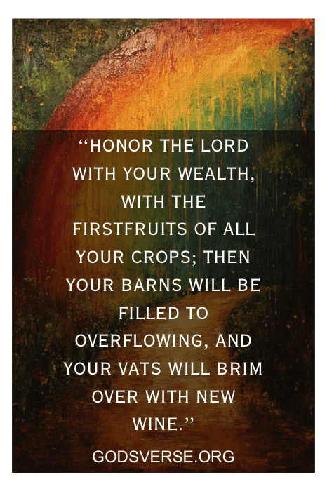 Embedded within an abstract art tapestry, this inspirational text illuminates the sacred act of honoring the Lord with wealth. It mirrors offering verses for church, promising abundance in return for generosity and faithfulness.
