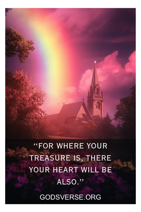 A church under a vibrant rainbow with the quote, "For where your treasure is, there your heart will be also," beautifully captures the essence of offering verses for church.