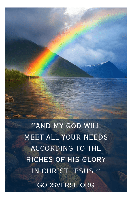 A vibrant rainbow arcs over a serene lake, with majestic mountains in the background. Below, an offering verse for church is gracefully overlayed, inviting reflection and peace.